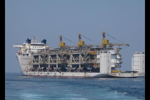 A heavy lift vessel loaded with topside equipment